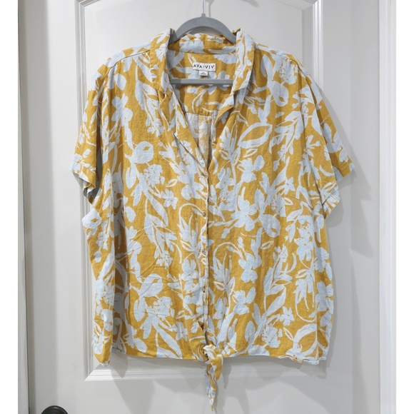 ✨️4/$20. Mustard Powder Blue Floral Tie-Front Blouse, Linen Rayon Blend, - Picture 2 of 12